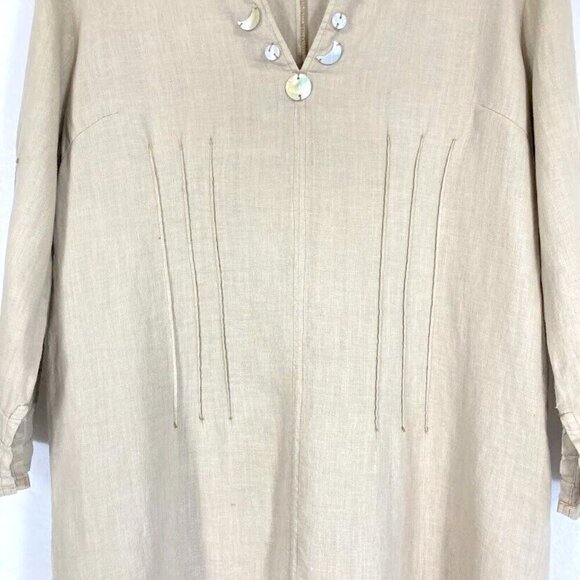 Rivieres de Lune 3/4 Sleeve Open Cuff 100% Linen Midi Dress Light Beige - Picture 3 of 10